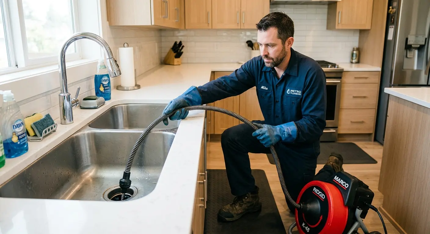 Drain cleaning technician using a motorized snake on a kitchen sink in Lower Merion