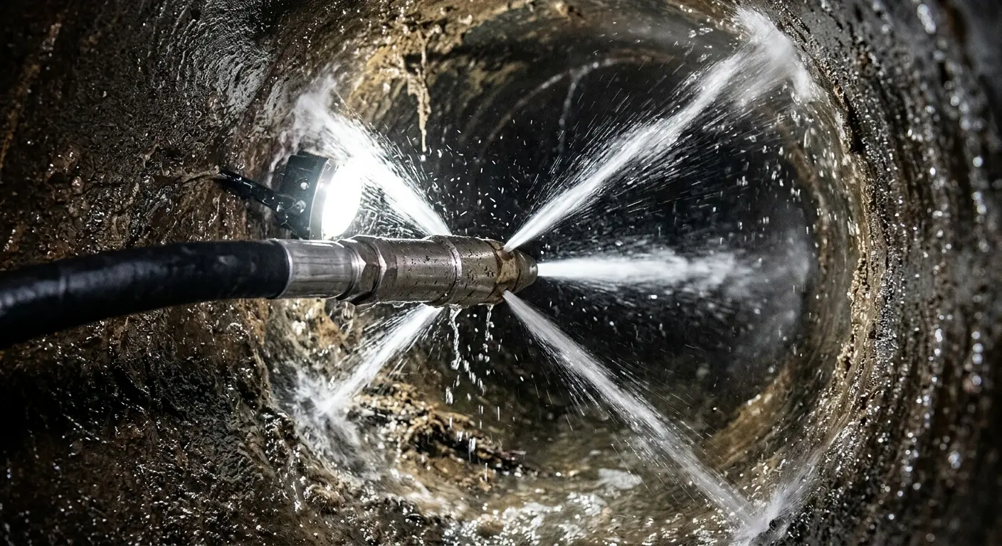 High-pressure hydro jetting nozzle cleaning sewer pipe for Sewer Cleanout in Lower Merion