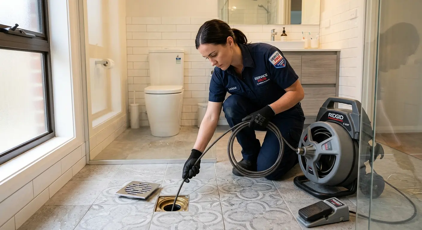 Technician clearing a bathroom floor drain for Sewer Line Installation in Lower Merion